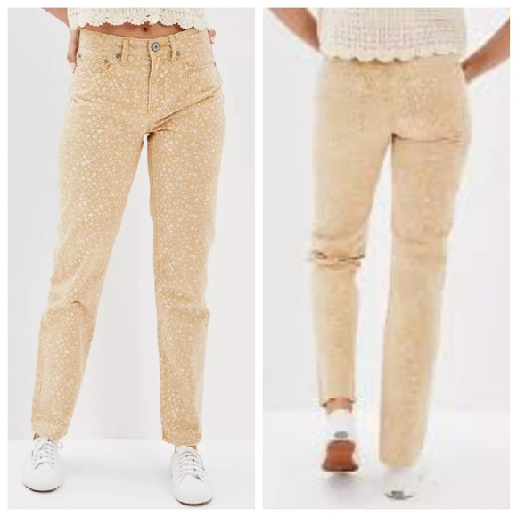 American Eagle Yellow Floral Jeans.  90s straight.  Women's size 14. - Picture 7 of 16